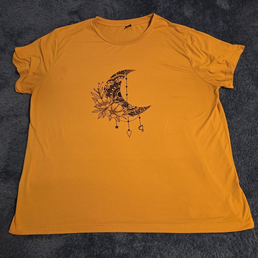 Shein Curve 1X Yellow Mustard Graphic T-Shirt Moon Floral Celestial